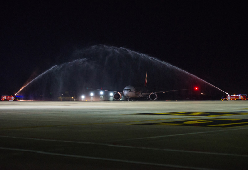 The aircraft was greeted in Phnom Penh by a traditional water cannon salute upon arrival. The aircraft was greeted in Phnom Penh by a traditional water cannon salute upon arrival.