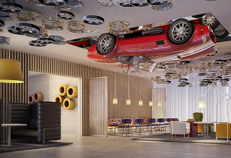 A vintage Ferrari will suspend from the hotel lobby's ceiling. A vintage Ferrari will suspend from the hotel lobby's ceiling.