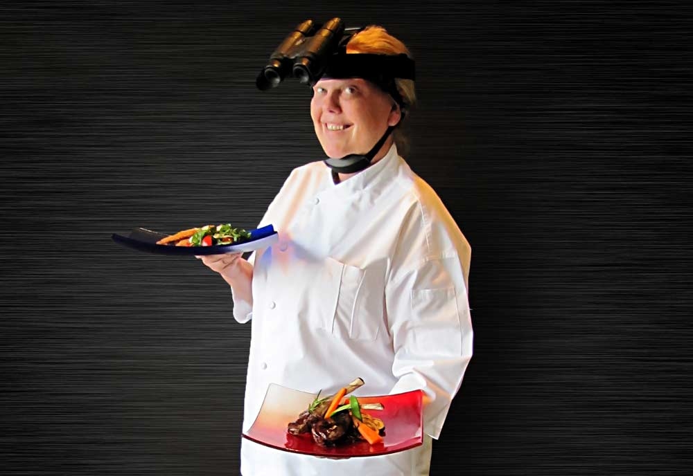 Fairmont Dubai executive chef Lorraine Sinclair sporting a pair of night vision goggles. Fairmont Dubai executive chef Lorraine Sinclair sporting a pair of night vision goggles.