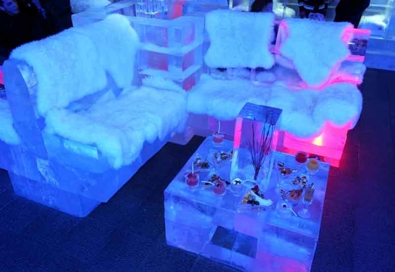 At Chillout, diners sit on ice chairs, eat at ice tables from ice plates and drink from ice glasses served from a bar made of ice. At Chillout, diners sit on ice chairs, eat at ice tables from ice plates and drink from ice glasses served from a bar made of ice.