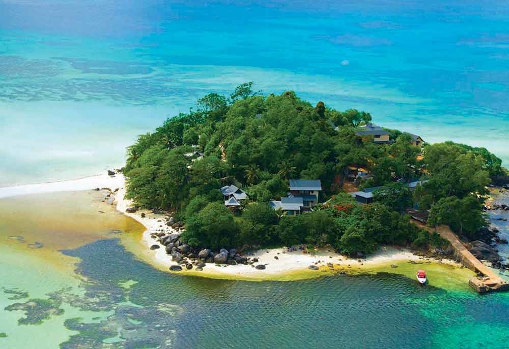 The 10-villa resort is located on a private island off the coast of the Seychelles. The 10-villa resort is located on a private island off the coast of the Seychelles.