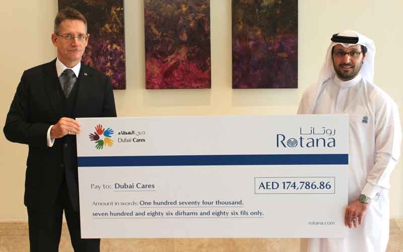 Rotana Hotels area vice president - Dubai and Northern Emirates, Thomas Tapken hands over the cheque to a Dubai Cares representative. Rotana Hotels area vice president - Dubai and Northern Emirates, Thomas Tapken hands over the cheque to a Dubai Cares representative.