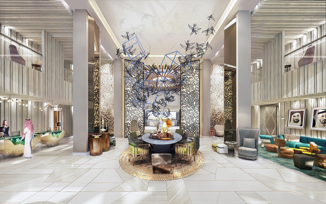 A rendering of the lobby of the Andaz Dubai The Palm. A rendering of the lobby of the Andaz Dubai The Palm.