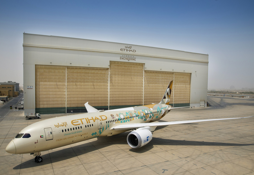An Etihad Airways 787-9 Dreamliner with a comemorative livery An Etihad Airways 787-9 Dreamliner with a comemorative livery
