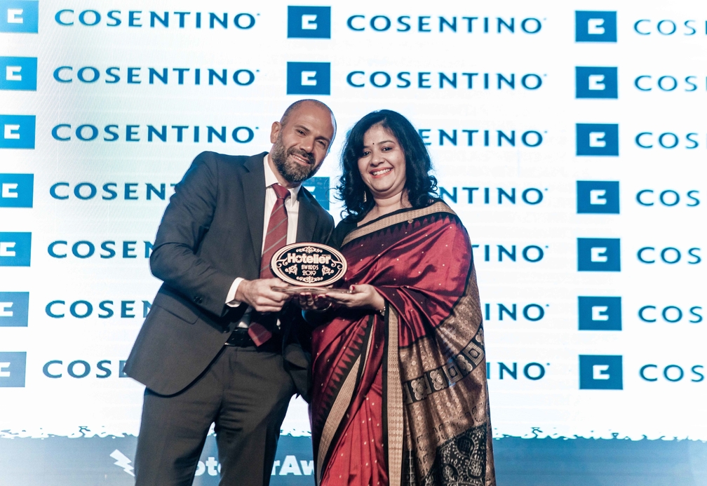 Swati Tandon accepts her award on stage at the Hotelier MIddle East Awards Swati Tandon accepts her award on stage at the Hotelier MIddle East Awards